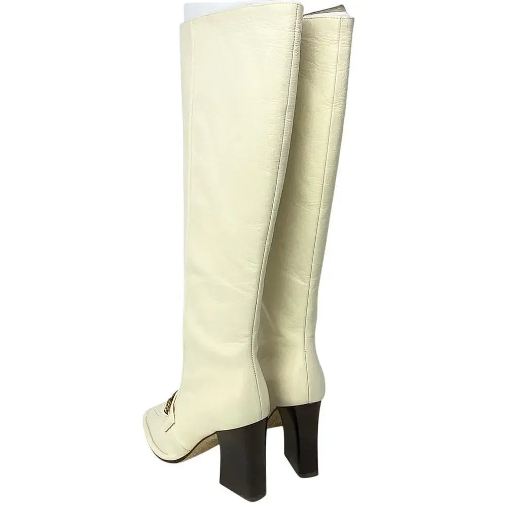 Tory Burch Logo Boots Tall Ivory Genuine Leather Knee High Size 6 Box Bag Incl